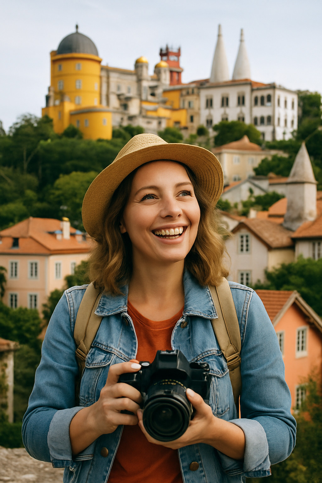 photographic faz a imagem de uma turista mulher com mquina fotogrfica feliz a visitar sintra-1